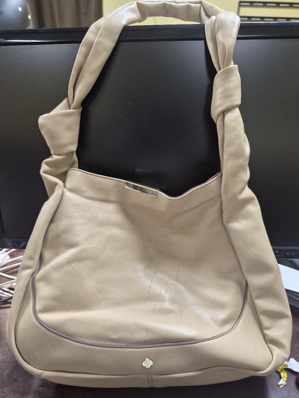 Twist-Handle Shoulder Bag in Beige Kate Landry
